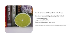 Detail showing plush 3D lemon coin purse with soft texture and metal chain clip