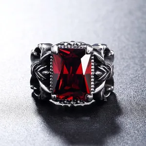 Vintage punk style titanium steel cross ring for men with a large rectangular red gemstone