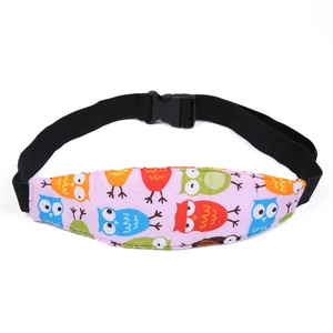Pink owl pattern head support strap for baby car seats with adjustable black buckle