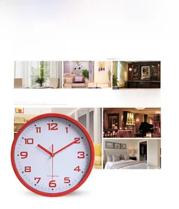 Macro shot of 10-inch red minimalist wall clock with 3D numbers and quartz movement detail