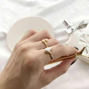 Detail of two gold-plated S925 silver rings with triangular zircon on a hand