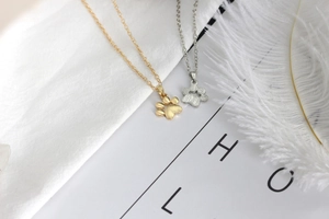 Close-up of gold and silver paw print necklaces on white background with a feather