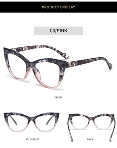 Detail view of pink marble patterned cat-eye glasses frame with durable TR hinges
