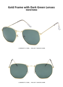 Macro view of polygon gold metal sunglasses with dark green lenses and retro frame detail