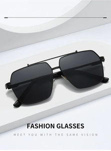 Detail of square sunglasses with a double bridge design and metallic black frame