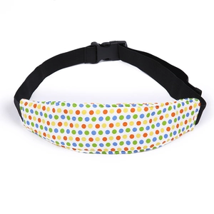 Adjustable baby stroller sleep support strap with colorful polka dots and secure buckle