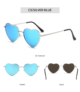 Detailed views of heart-shaped silver sunglasses with reflective blue lenses in color C9