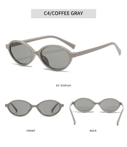 Three-view display of coffee gray oval sunglasses showing front, back, and 45-degree angle