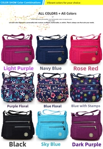 Borse a tracolla in nylon in nove colori assortiti con tasche multiple con cerniera