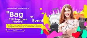 Banner promocional con diversos tipos de equipajes, mochilas y bolsos con una modelo
