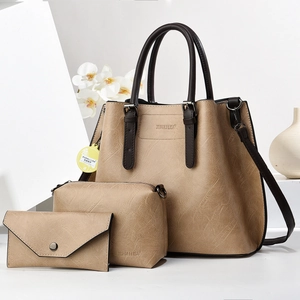 Three-piece vintage PU leather tote bag set including handbag and wallet in khaki brown