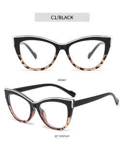 Front and 45-degree angle view of black and leopard print cat-eye eyeglass frames