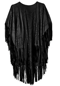 Minimalist black hollowed-out suede poncho for women featuring vintage tassel fringe design