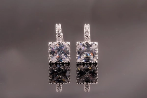 Macro shot of princess cut square zircon earrings with pave setting and silver finish