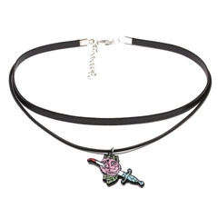Detail of double-layer black choker with rose and dagger pendant and extender chain