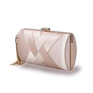 Elegant champagne satin evening clutch bag with pleated texture and gold fringe tassels