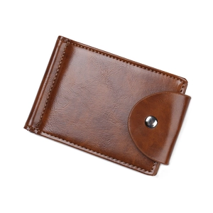 Detailed view of brown leather bifold wallet with secure metal snap fastener and stitching