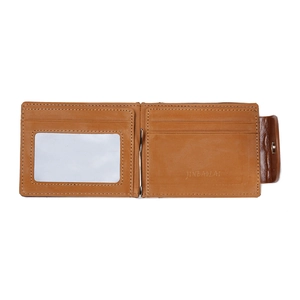 Internal view of brown leather wallet featuring card slots, photo holder and metal money clip