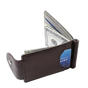 Men Slim PU Leather Wallet Vintage Business Style Money Clip With Snap Buckle Closure Card Slots And ID Window