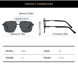 Detailed sizing guide showing frame dimensions for square pilot sunglasses in millimeters