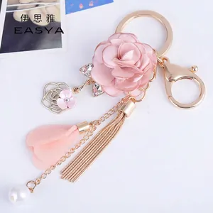 Portachiavi Fiore Rosa In Tessuto Nappa In Metallo Perla Artificial Sintetica Strass Ciondolo Borsa Elegante Stile Coreano