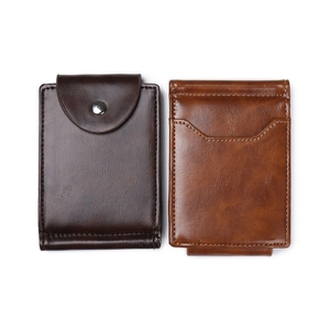 Retro brown leather wallets with secure snap buckle and card slots on white background
