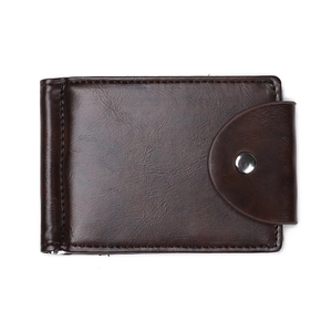 Dark brown PU leather wallet for men with metal snap fastener on white background