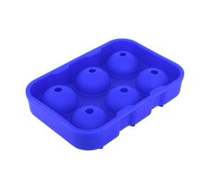 Detailed top view of a blue 6-cavity silicone sphere ice mold on a white background