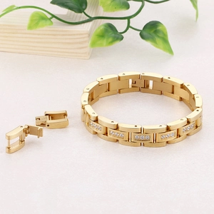 Gold stainless steel iced-out watch band chain bracelet with adjustable link connectors