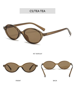 Three-view layout of oval retro tea sunglasses with translucent frame and lenses