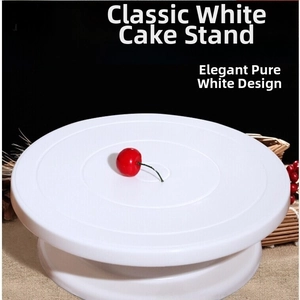 Detail view of a 28cm white revolving cake stand showing diameter and height dimensions