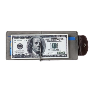 Gray leather slim wallet with brown crocodile strap and metal money clip on white background