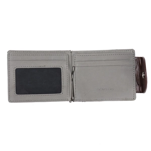 Gray leather bifold wallet with metal money clip and card slots on white background