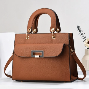 Elegant brown litchi pattern leather handbag with gold metal clasp and top handle