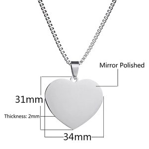 Polished 316L stainless steel heart pendant necklace with 34mm width and mirror finish