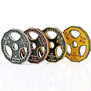 Barbell plate pendant necklaces in gold and silver steel with motivational engravings