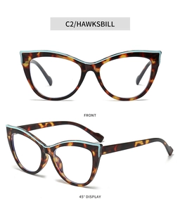 Detailed front and 45-degree views of tortoise shell cat-eye glasses with blue accents