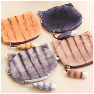 Plush cat head coin purses in four colors with 3D cat tail zippers and soft fur texture