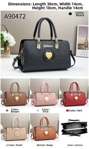 Detailed views of textured shoulder bag with heart hardware and six color options