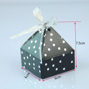 European style black polka dot pyramid candy gift box with silver ribbon for wedding favors