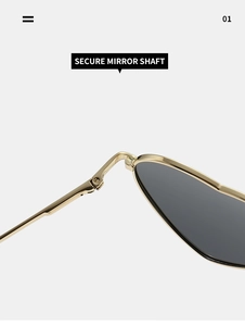 Detail of secure mirror shaft and hinge on trendy golden metal heart sunglasses
