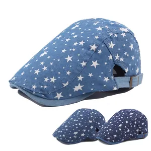 Bérêt En Denim À Imprimé Étoile Rétro Boucle Métallique Réglable Casquette Plate Mode Décontractée Style Vintage