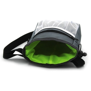 Grey dog training snack pouch with drawstring closure and green neon lining in 45-degree view