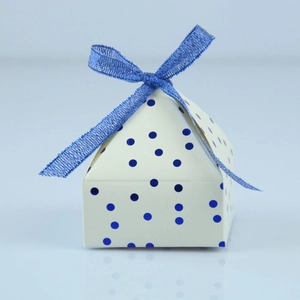 European pyramid gift box with blue polka dots and a matching satin ribbon bow