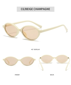Detailed views of champagne beige oval sunglasses showing front, back, and 45-degree angles