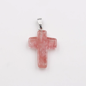 Polished natural pink stone cross pendant with silver metal clasp on white background