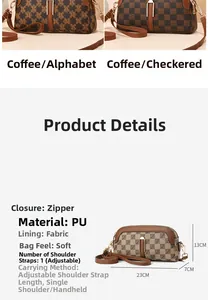 Detailed size specifications for the brown PU leather shoulder bag with logo pattern