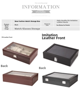 Detail view of the black PU leather watch box with clear window and metal lock closure