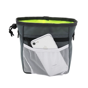 Portable pet treat pouch for outdoor dog training with grey fabric and yellow lining