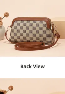 Detailed back view of the vintage checkerboard crossbody bag with premium brown leather trim